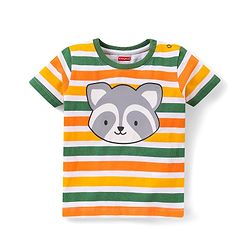 Babyhug Cotton Knit Half Sleeves Striped T-Shirt Raccoon Print - Multicolour