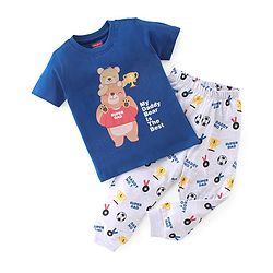 Babyhug Cotton Knit Half Sleeves Night Suit With Teddy Print - Blue & White