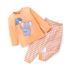 Babyhug Cotton Knit Full Sleeves Night Suit With Elephant Print - Orange