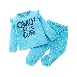 Babyhug Single Jersey Knit Full Sleeves Night Suit Hearts Printed - Blue