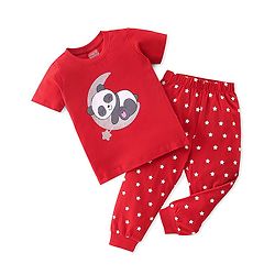 Babyhug Cotton Knit Half Sleeves Night Suit With Panda & Star Print - Red