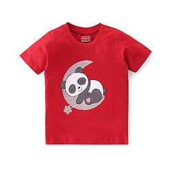 Babyhug Cotton Knit Half Sleeves Night Suit With Panda & Star Print - Red