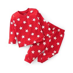 Babyhug Cotton Knit Full Sleeves Night Suit with Star Print - Red