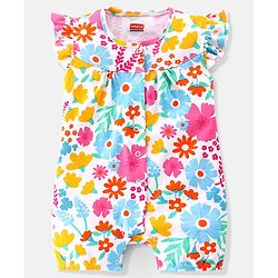 Babyhug 100% Cotton Sleeveless Romper With Floral Print - White Pink & Blue