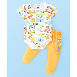Babyhug 100% Cotton Interlock Knit Half Sleeves Onesies with Leggings Animal Print- Yellow & White