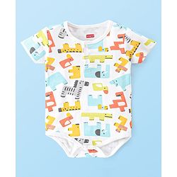 Babyhug 100% Cotton Interlock Knit Half Sleeves Onesies with Leggings Animal Print- Yellow & White