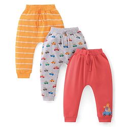 Babyhug Interlock Cotton Knit Full Length Stripes & Cars Print Diaper Pants Pack of 3 - Multicolour