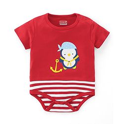 Babyhug 100% Cotton Knit Half Sleeves Onesie with Penguin Print - Red