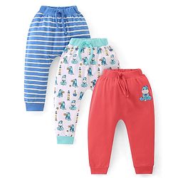 Babyhug Interlock Cotton Knit Full Length Stripes & Dino Print Diaper Pants Pack of 3 - Multicolour