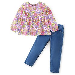 Babyhug 100% Cotton Knit Floral Printed Full Sleeves Top & Full Length Jeans - Purple & Blue