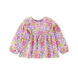 Babyhug 100% Cotton Knit Floral Printed Full Sleeves Top & Full Length Jeans - Purple & Blue