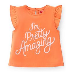 Babyhug 100% Cotton Knit Frill Sleeves Top Text Glitter Print - Orange