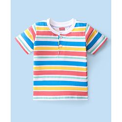 Babyhug 100% Cotton Knit Henley Neck Half Sleeves Striped T-Shirt- Multicolor