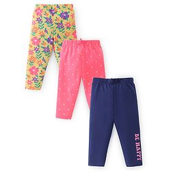 Babyhug Cotton Lycra Full Length Leggings With Text & Floral Print Pack Of 3 - Pink Navy Blue & Green