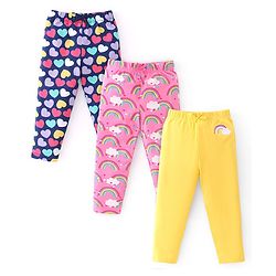Babyhug Cotton Lycra Knit Full Length Leggings With Strech Heart Print Pack of 3 - Multicolor