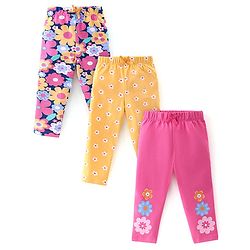 Babyhug Cotton Lycra Full Length Leggings Floral Printed Pack of 3 - Pink & Yellow