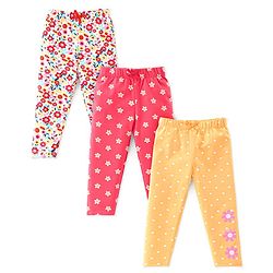Babyhug Cotton Lycra Full Length Leggings Floral Printed Pack of 3 - Pink & Yellow