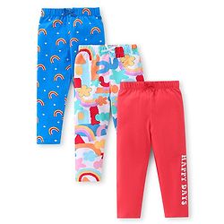 Babyhug Cotton Lycra Knit Full Length Leggings Rainbow Floral & Text  Print Pack of 3 - Blue  & Red