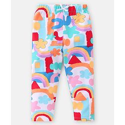 Babyhug Cotton Lycra Knit Full Length Leggings Rainbow Floral & Text  Print Pack of 3 - Blue  & Red