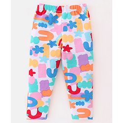 Babyhug Cotton Lycra Knit Full Length Leggings Rainbow Floral & Text  Print Pack of 3 - Blue  & Red