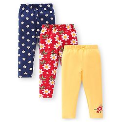 Babyhug Cotton Lycra Knit Full Length Leggings   Floral Print Pack of 3-  Blue Red & Yellow