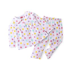 Babyhug Single Jersey Knit Full Sleeves Front Open Pyjama Set Polka Dots Printed - White