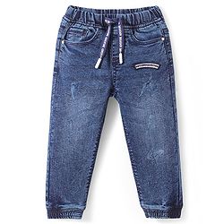 Babyhug Full Length Text Patch Stretchable Joggers - Dark Blue