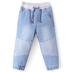 Babyhug Denim Full Length Cut & Sew Washed Stretchable Joggers - Blue