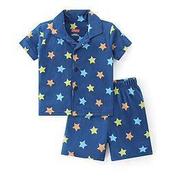 Babyhug Cotton Knit Single Jersey Half Sleeves Night Suit With Star Print - Navy Blue