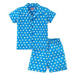 Babyhug Cotton Knit Half Sleeves Night Suit With Star Print - Blue