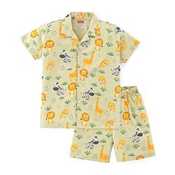 Babyhug Single Jersey Knit Half Sleeves Night Suit With Wild Animal Print - Green