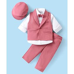 Babyhug Knit Full Sleeves Solid Color Party Suit with Stretch Waistcoat & Cap - White & Pink