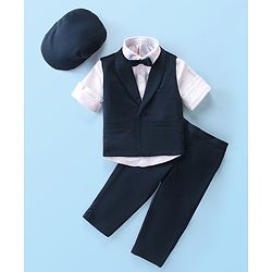Babyhug Knit Full Sleeves Solid Color Party Suit with Stretch Waistcoat & Cap - Navy Blue & White