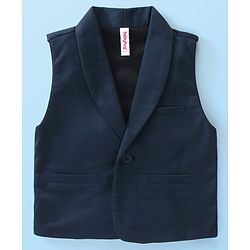Babyhug Knit Full Sleeves Solid Color Party Suit with Stretch Waistcoat & Cap - Navy Blue & White