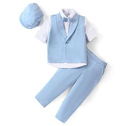 Babyhug Knit Full Sleeves Solid Color Party Suit with Stretch Waistcoat & Cap - White & Sky Blue