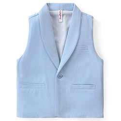 Babyhug Knit Full Sleeves Solid Color Party Suit with Stretch Waistcoat & Cap - White & Sky Blue