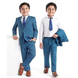 Babyhug Full Sleeves Stretch Party Suit Checkered - White & Royal Blue