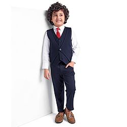 Babyhug Full Sleeves Solid Colour 3 Pieces Party Suit with Stretch - White & Navy Blue