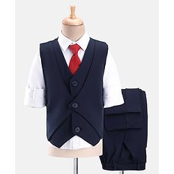 Babyhug Full Sleeves Solid Colour 3 Pieces Party Suit with Stretch - White & Navy Blue