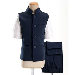 Babyhug Woven Full Sleeves Stretch Fit Party Suit With Waist Coat - Navy Blue