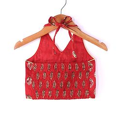 Babyhug 100% Cotton Woven Sleeveless Halter Neck Embroidered Choli Cambric Printed Tiered Lehenga & Dupatta Set - Red