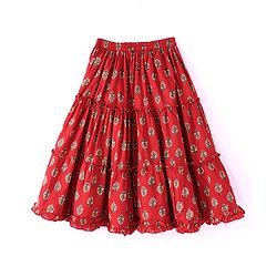 Babyhug 100% Cotton Woven Sleeveless Halter Neck Embroidered Choli Cambric Printed Tiered Lehenga & Dupatta Set - Red