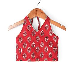 Babyhug 100% Cotton Woven Sleeveless Halter Neck Embroidered Choli Cambric Printed Tiered Lehenga & Dupatta Set - Red
