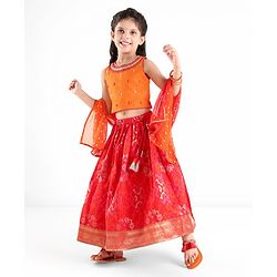 Babyhug Sleeveless Zari Embroidered Choli with Pattola Printed Lehenga and Dupatta Set - Red & Mustard