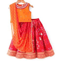 Babyhug Sleeveless Zari Embroidered Choli with Pattola Printed Lehenga and Dupatta Set - Red & Mustard