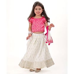 Babyhug Woven Half Sleeves Sequenced Brocade Choli With Foil Printed Lehenga & Dupatta Set - Off White & Fuschia