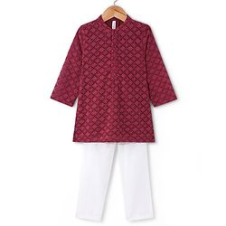 Babyhug 100% Cotton Schiffli Woven Full Sleeves Kurta & Pyjama Set With Floral Design - Maroon
