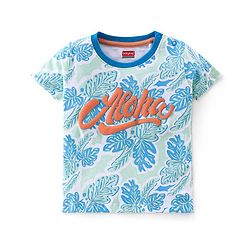 Babyhug Cotton Knit Half Sleeves Tropical & Text Printed T-Shirt - White & Blue