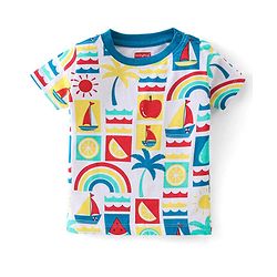 Babyhug 100% Cotton Knit Half Sleeves T-Shirt Boat Print -White