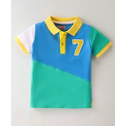 Babyhug Cotton Knit Half Sleeves Cut & Sew with Graphics & Embroidery Detailing Polo T-Shirt - Blue & Green
